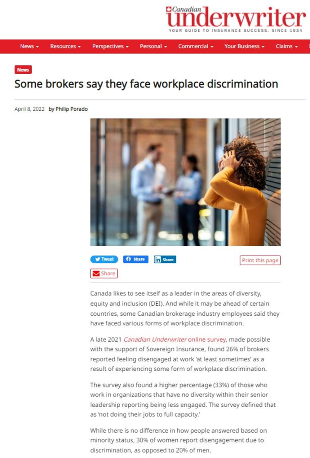 Screenshot of an article in "Canadian Underwriter" magazine "Some brokers say they face workplace discrimination"